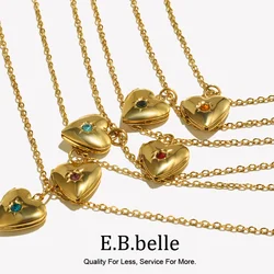 E.B.belle Birth Stone Heart Shape Photo Box Pendant Necklace 316L Stainless Steel Women Jewelry Anniversary Gift Hypoallergenic