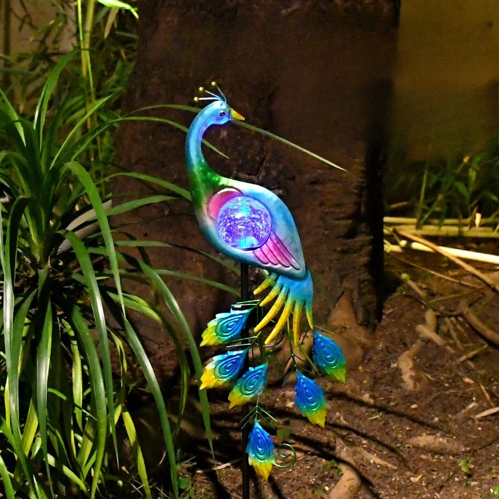 New Solar Wrought Iron Peacock Stake Light Crackle Glass Ball Waterproof Outdoor Lawn Patio Garden Animal Ambient Decor Lamp