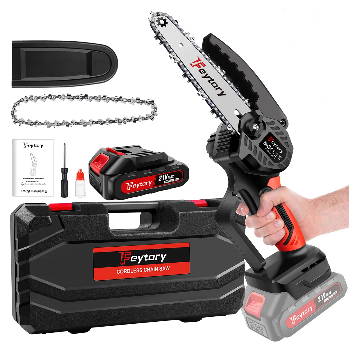 21V 700W 6 Zoll Elektrische Kettensäge zum Schneiden von Holz und Bäumen, Leichte Mini-Elektrokettensäge mit 1500mAh Wiederaufladbarem Akku, Ketten, Leistungsstarker Holzschneider für Baumasten und