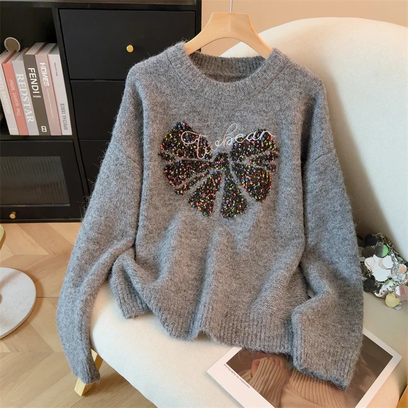 เสื้อสเวตเตอร์ไหมพรมสีเทาปักลายสไตล์วินเทจ Y2K ยุค 2000 คอวี แขนยาว สำหรับผู้หญิง ฤดูหนาว 2025