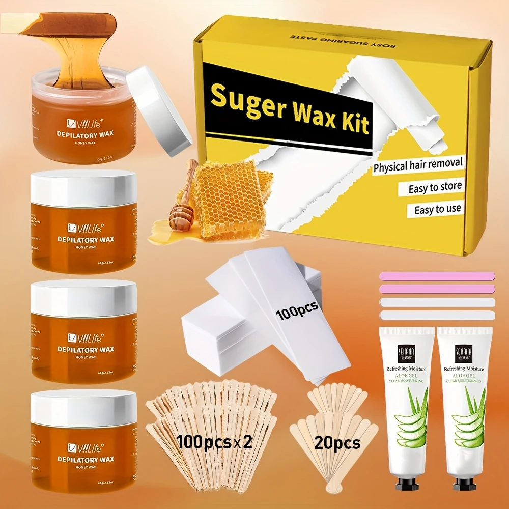 Viilife Depilatory Wax Hair Removal Sugaring Cold Sugar 60g Kit Natural Painless For Arm Leg Facial Underarm