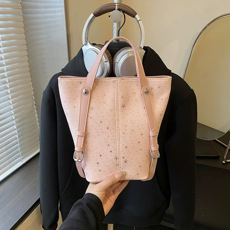 

Pink Star Pattern Mini Bucket Bags Women's Magnetic Button Cute Handbag Niche Light Luxury Large Capacity One Shoulder Bag