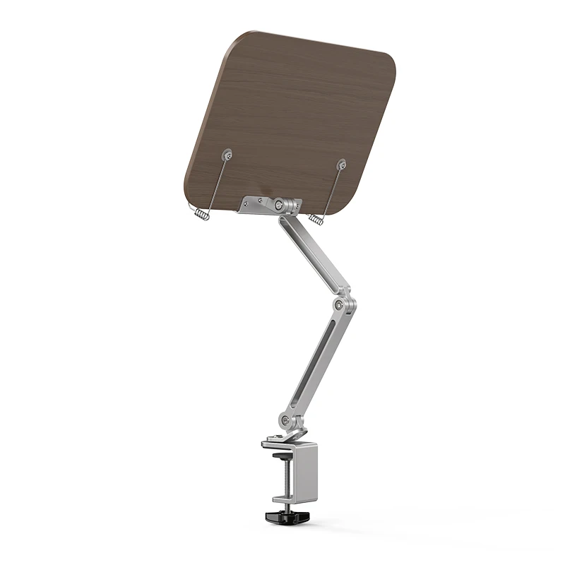 HR06 Aluminum Walnut Wood Book Holder 360 Rotate Height Adjustable Long Arm Reading Book Stand Bookends for Desk