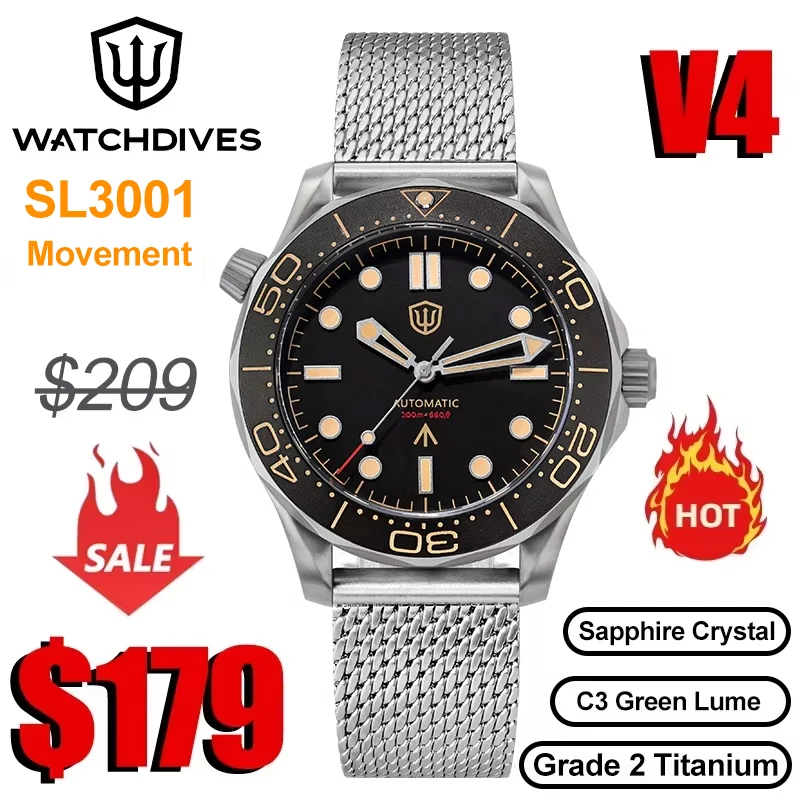 Watchdives WD007 V4 42mm Watch SL3001 Automatic Movement Titanium NTTD Wristwatch Domed Sapphire Crystal C3 Super Luminous Watch