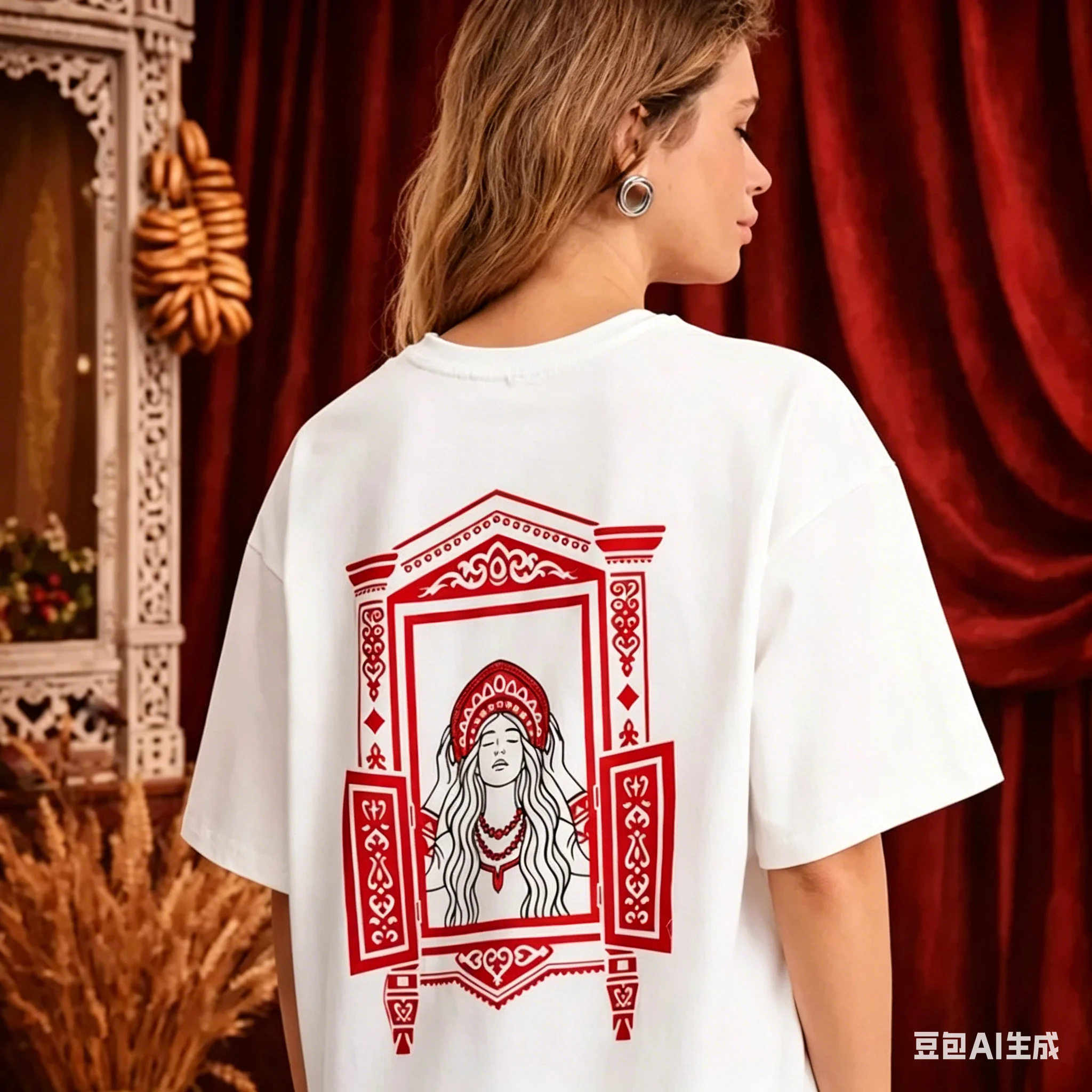 Fashion Russian Women Red Folk Art Goddess Print White Cotton T-Shirt Ornate Frame Ethnic Graphic Oversized Tee Summer Street