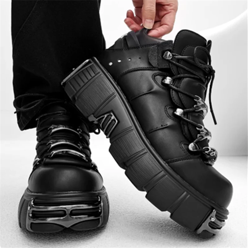 Punk Style Man Platform Shoes Lace-Up Round Toe Thick Bottom Boots Fashion Women Gothic Metal Decoration Casual Shoes 2026 New