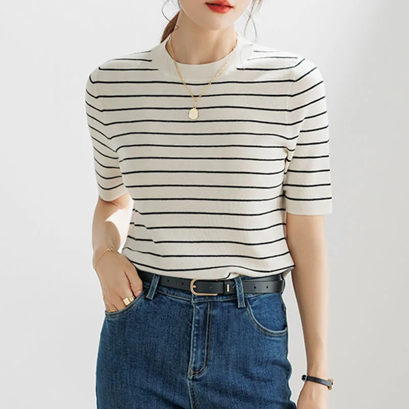

Knitwears Knitted Sweater Women Pullovers New O-Neck Striped Knit Sweater Pullover Women Tops Short Sleeve Women Clothing Q3485