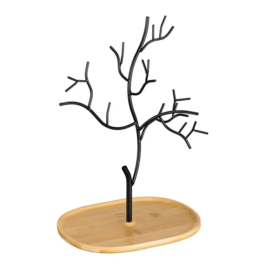 

Metal Jewelry Tree Stand Organizer Hanger Display Holder with Bamboo Dish Base to Store Necklaces, Bracelets, Rings, Accessories