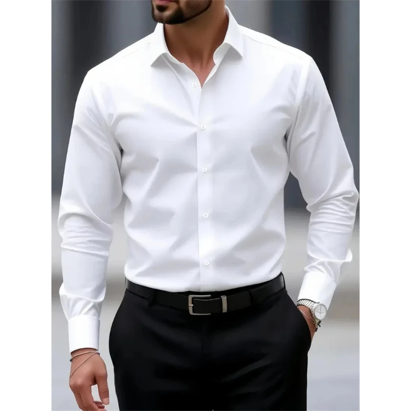 

Мужские рубашки, однотонные рубашки с длинными рукавами, приталенный крой, профессиональные рубашки без морщин, модные мужские топы с воротником