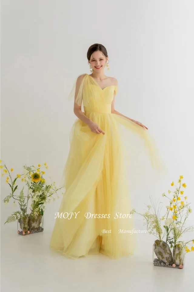 Mojy Yellow Tulle Wedding Dress Korea Photo Shoot A Line Sleeve Bridal Gown Floor Length Spaghetti Straps 신부 웨딩드레스 по индивидуальному заказу
