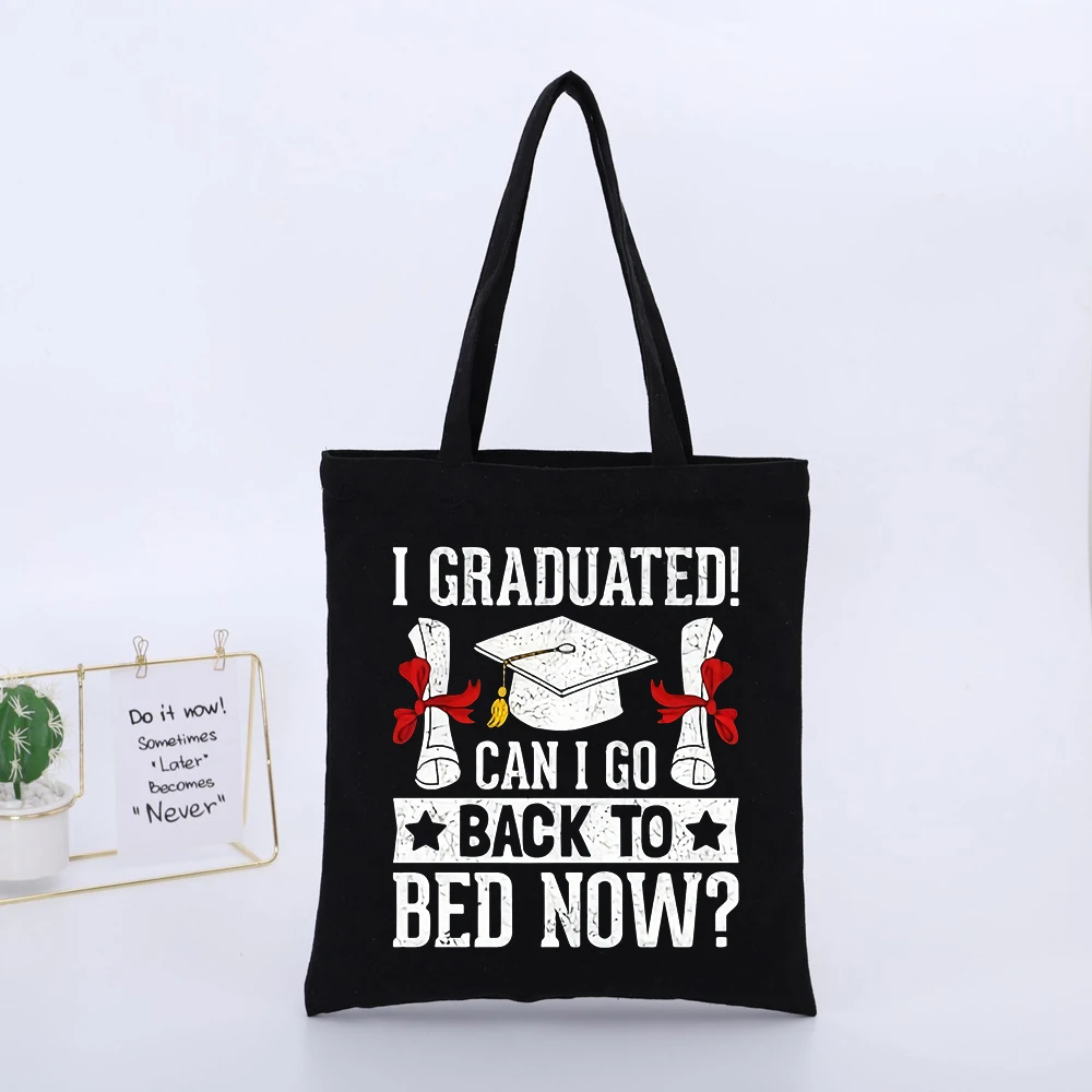 Graduate's Slogan Print Black Canvas Tote Bag, Casual Style for Daily Use and Graduation Celebrations
