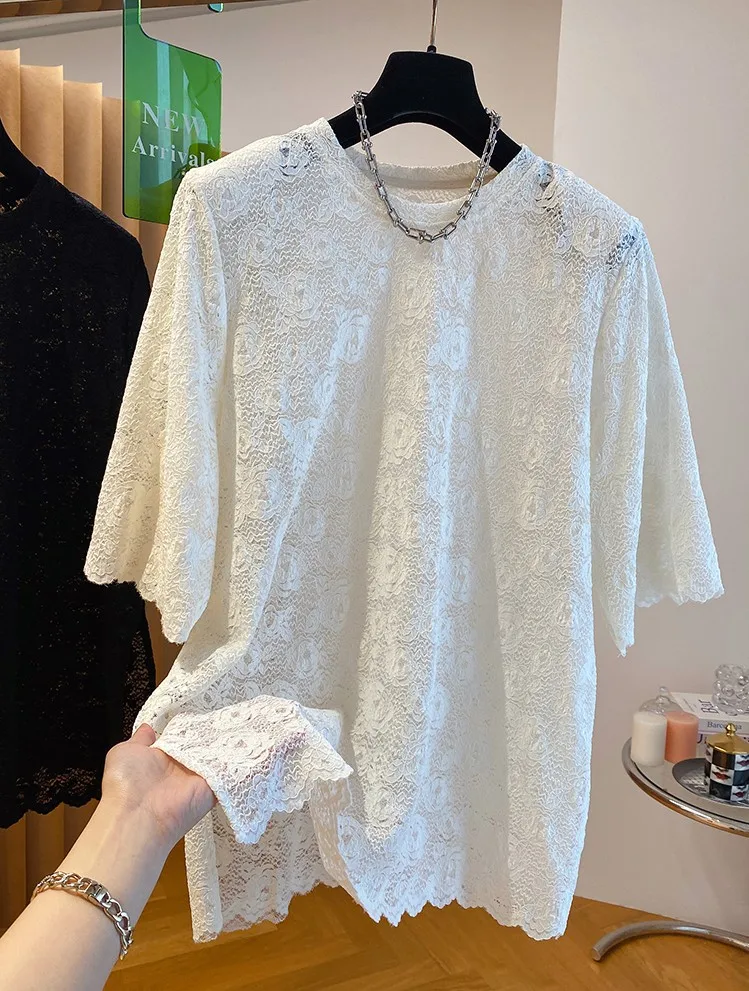 

plus Size Lace Shirt Women's Short Sleeve Loose Elegant Sweet Top Trendy Summer 2024 Fashion Casual Comfortable round Neck