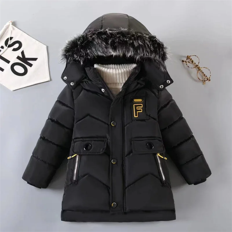 

Boys Fur Collar Jacket Children Thicken Winter Outerwear Teen Parka Coats Kids Fashion Hooded Outwear Trends Cotton Clothing