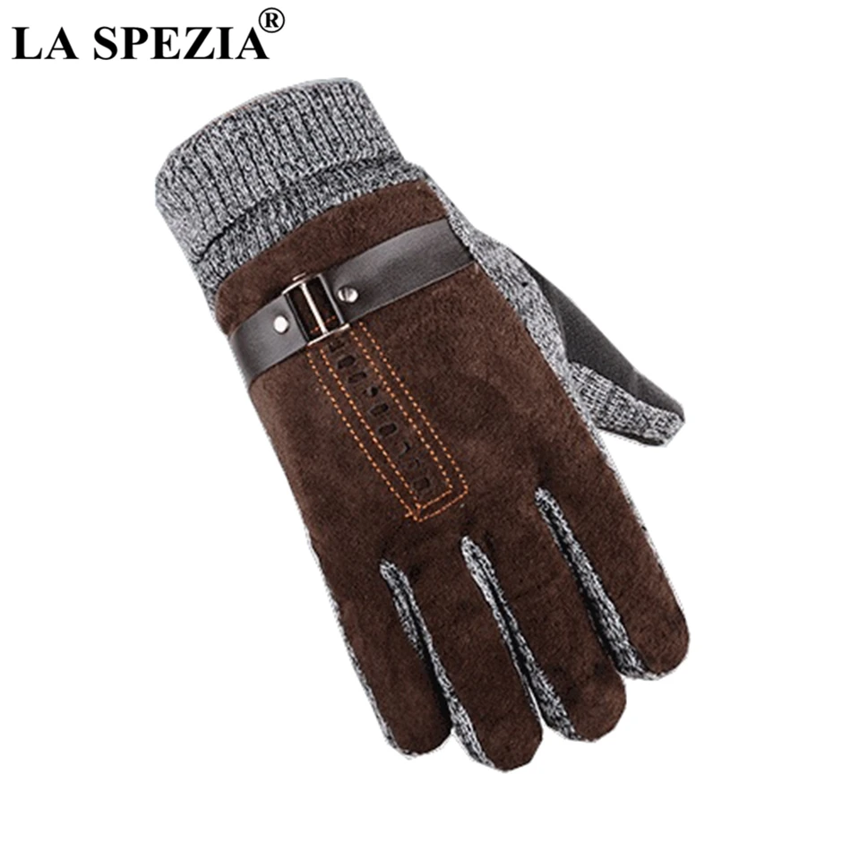 

LA SPEZIA New Brown Mens Gloves Warm Pigskin Male Leather Gloves Motorcycle Black Suede Knitted Thick Antiskid Winter Mitten Men