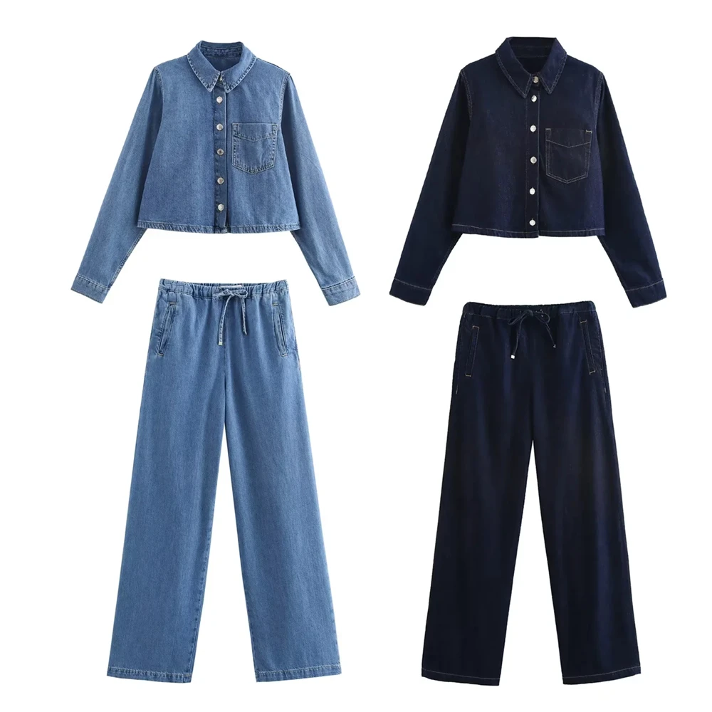 ZA Casual Style Long Sleeved Shirt and Wide Leg Pants Set for Women, Comfortable Collar Denim, Long Pants