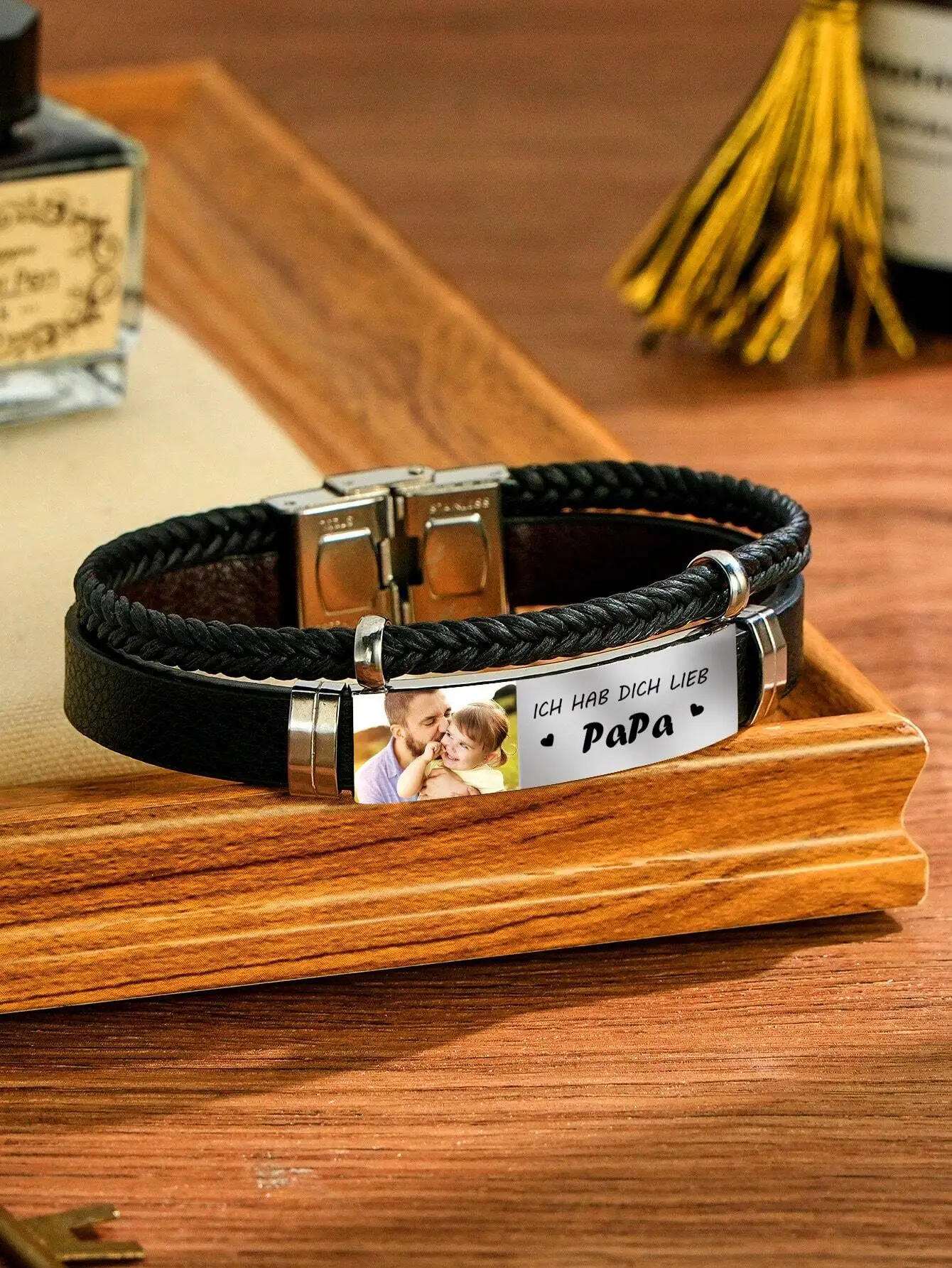Customized Photo Leather Bracelet with Personalized Text Photo Bracelet Double Layer Black Leather Bracelet Jewelry Gift for Men - Image 5