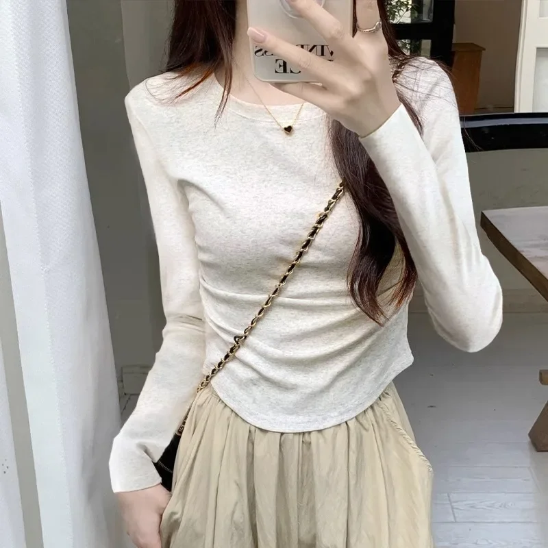 Women New Curved Hem Cotton T-shirts Long Sleeve Solid Colors Irregular Tops Sping Autumn O-neck Casual Tees Bottoming Shirts