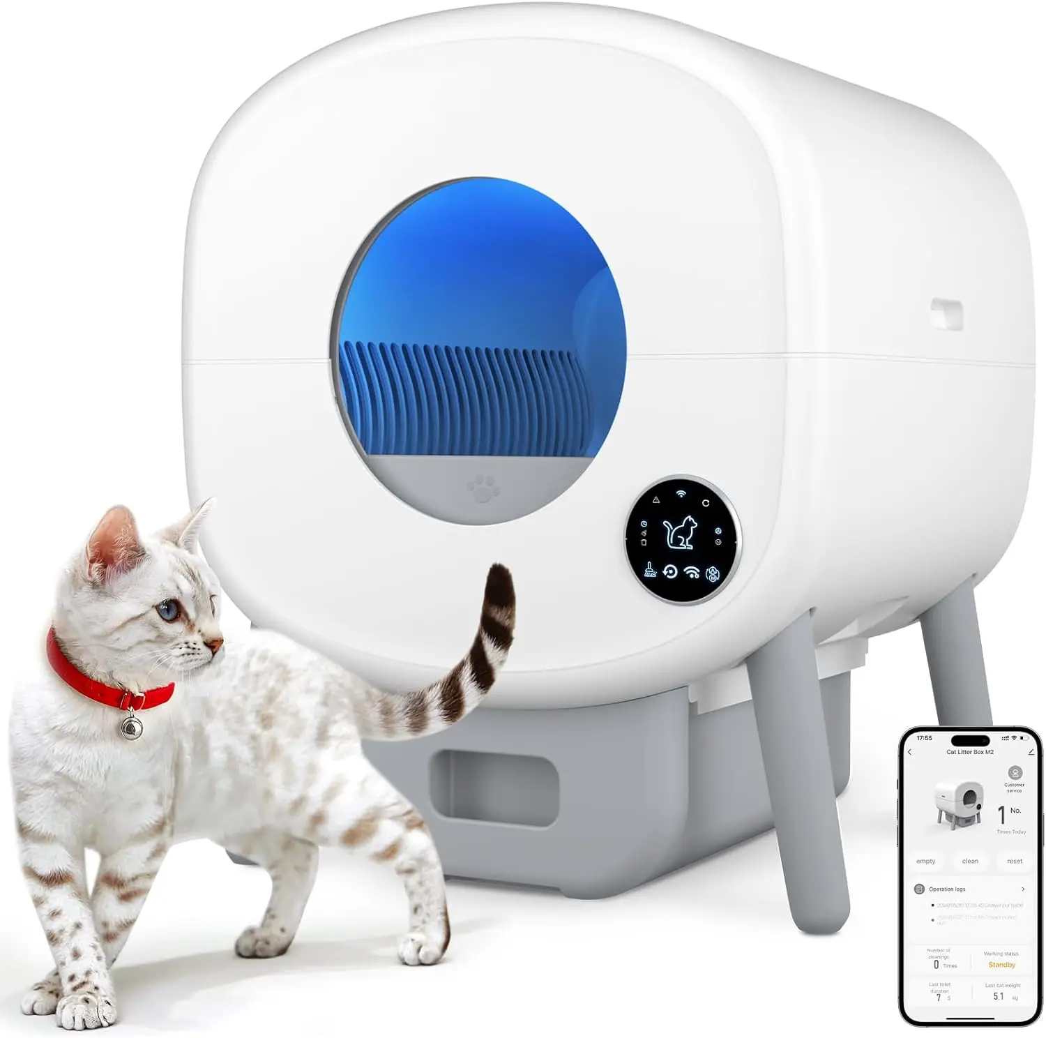 

Self Cleaning Litter Box, 95 L Automatic for Multiple S, with Safety Protection, App Control,1 Roll Garbage Bags,White G