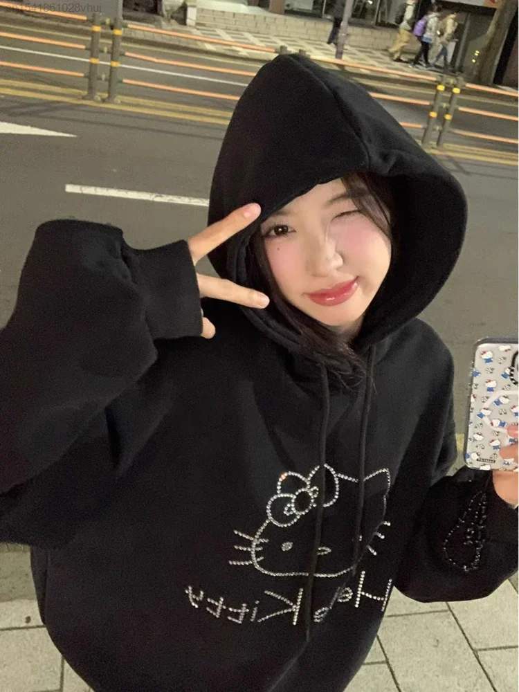 Sanrio Hello Kitty Rhinestone Hooded Sweatshirt 90s Fashion Clothes 2000s Aesthetic Korean Stylish Harajuku Black Hoodie Female