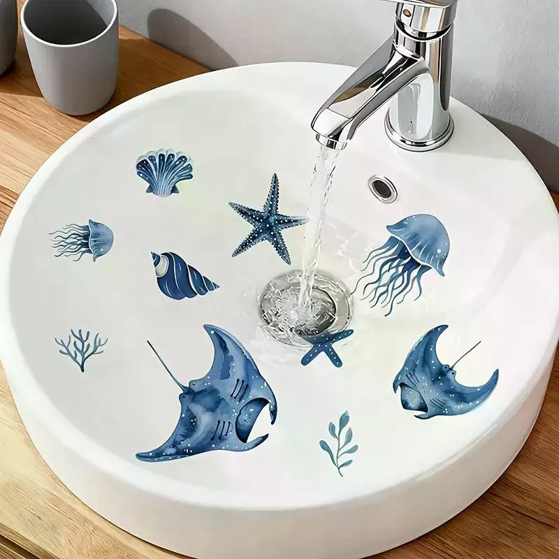 /PFU/Tone Marine Life Glass Sticker Bathroom Sink Decorative Decal Wall Sticker Self-Adhesive Removable Home Decoration Blue