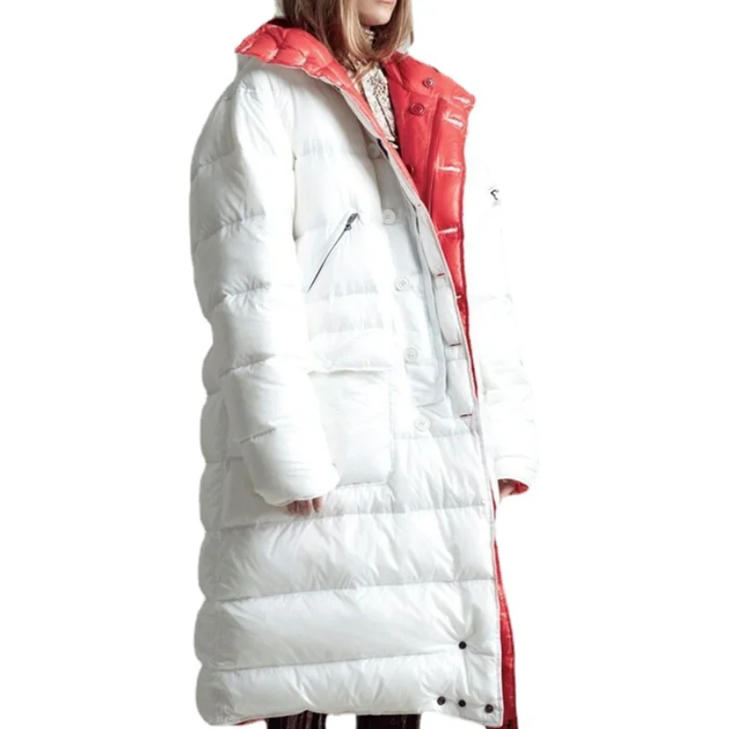 

Winter Reversible Color Clash Down Coats Mid Long Hooded Zippers Coats 90 White Duck Down Jackets Warm Women Winter Clothing