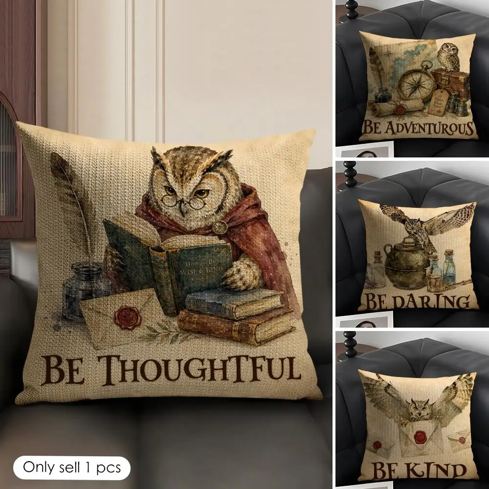 Magical Truck Owl Wizard Hat Cushion Cover Natural Linen Organic Fabric Double Sided Print Sofa Pillow Case Home Decor Gift