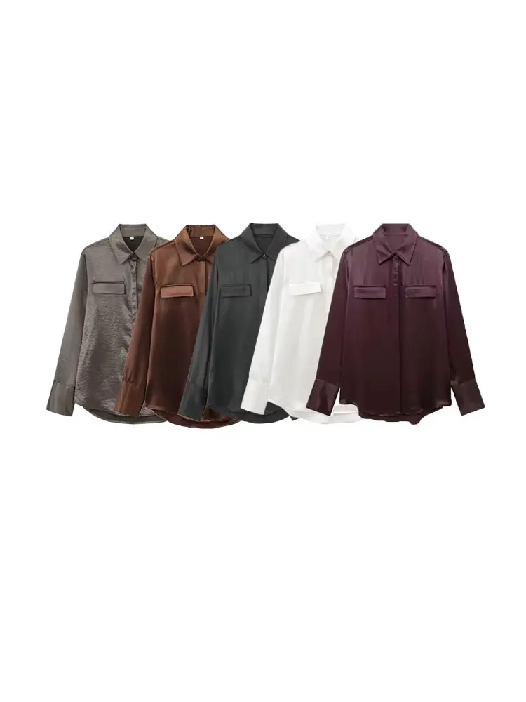 

Spring Summer New Women Fashion Satin Shirts Pockets Long Sleeve Button-up Blouses Female Chic Tops