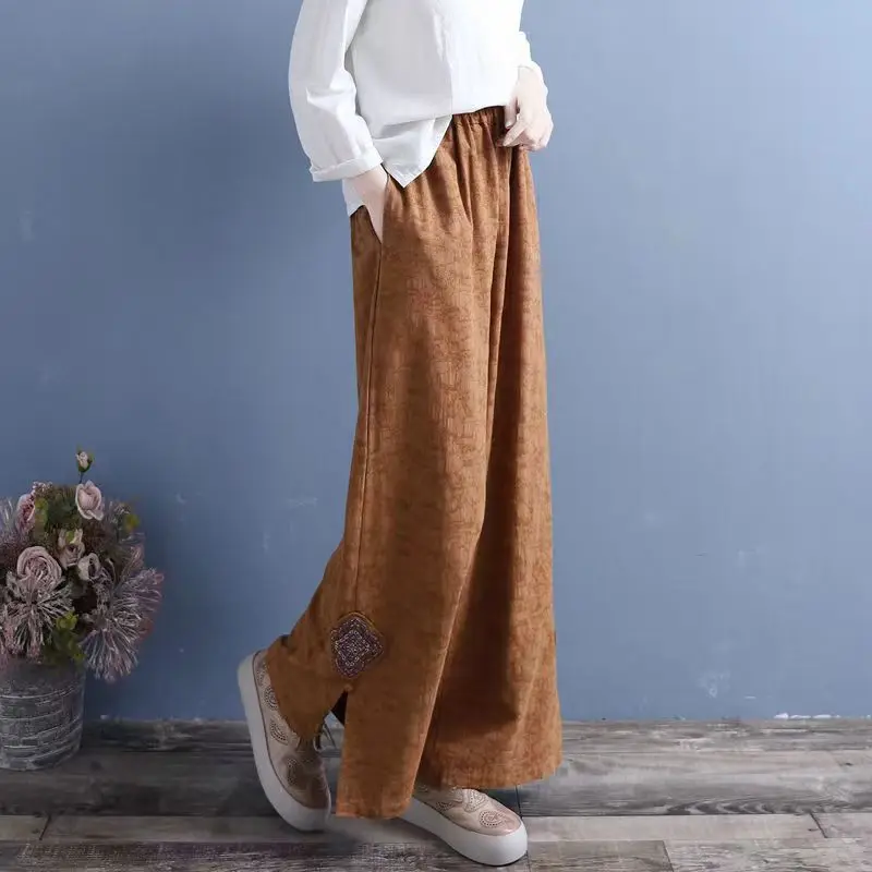 Pantaloni casual larghi estivi Pantaloni lunghi da donna in cotone ricamato a gamba larga modello sottile Pantaloni lunghi da donna artistici retrò Comodo per il tempo libero...
