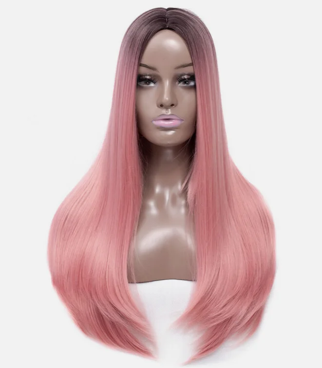 Wig Ombre sintetis panjang lurus HITAM Pink wig penuh murah untuk penggunaan sehari-hari Cosplay