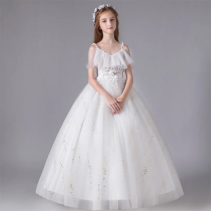 Vestidos de festa para adolescentes, Adolescentes, Bordado branco, Vestido de baile, Sling Tulle, Longo, Elegante vestido infantil