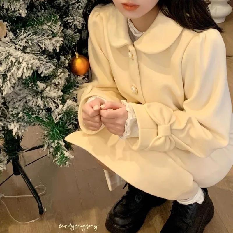 Sweet Short Jackets Women French Cute Peter Pan Collar Bow Long Sleeve Coats Autumn Winter Preppy Style All Match Tops