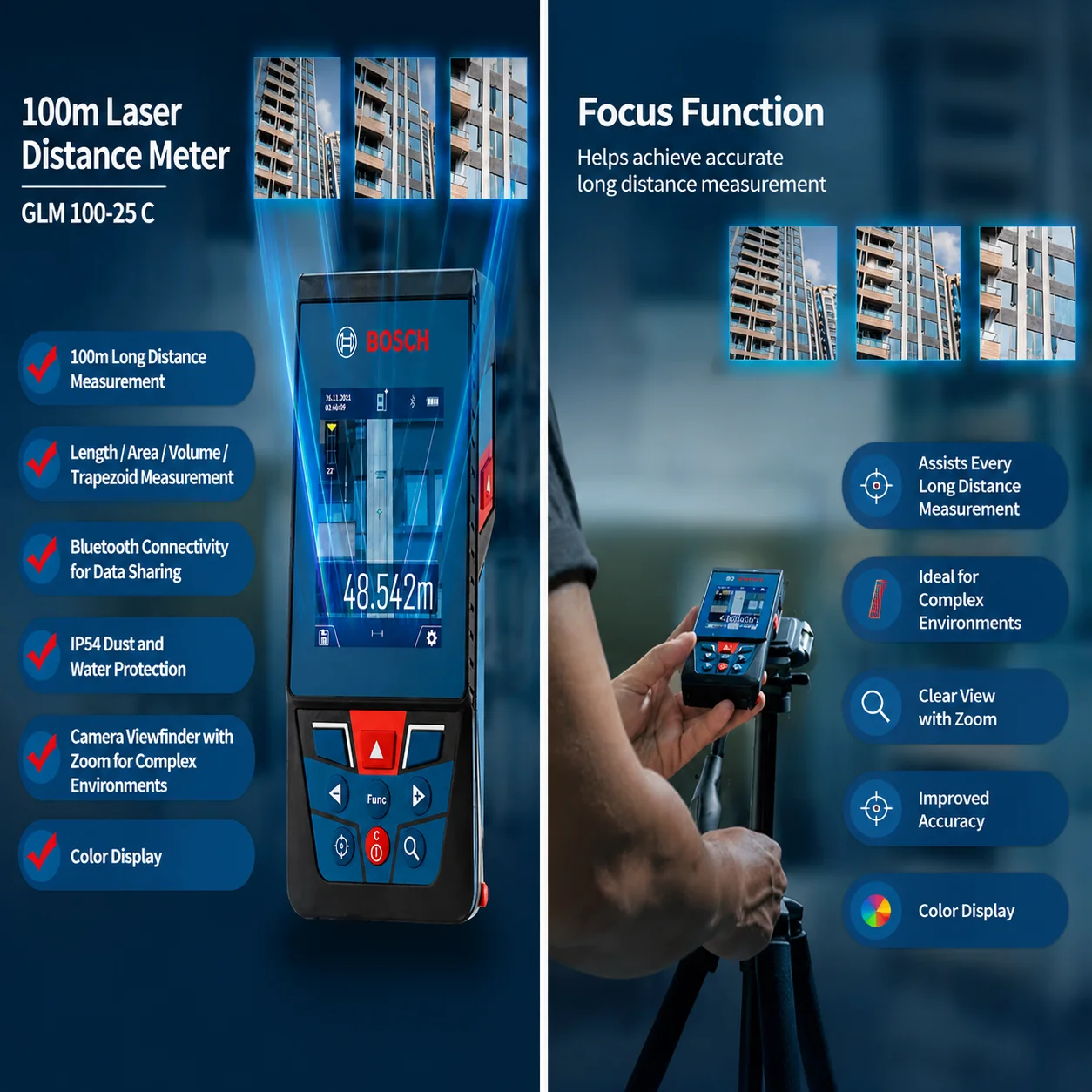 Bosch GLM 100-25C Professional Laser Tape Measure Optical Rangefinder 100m Distance Meter Accurate Surveying Equipment