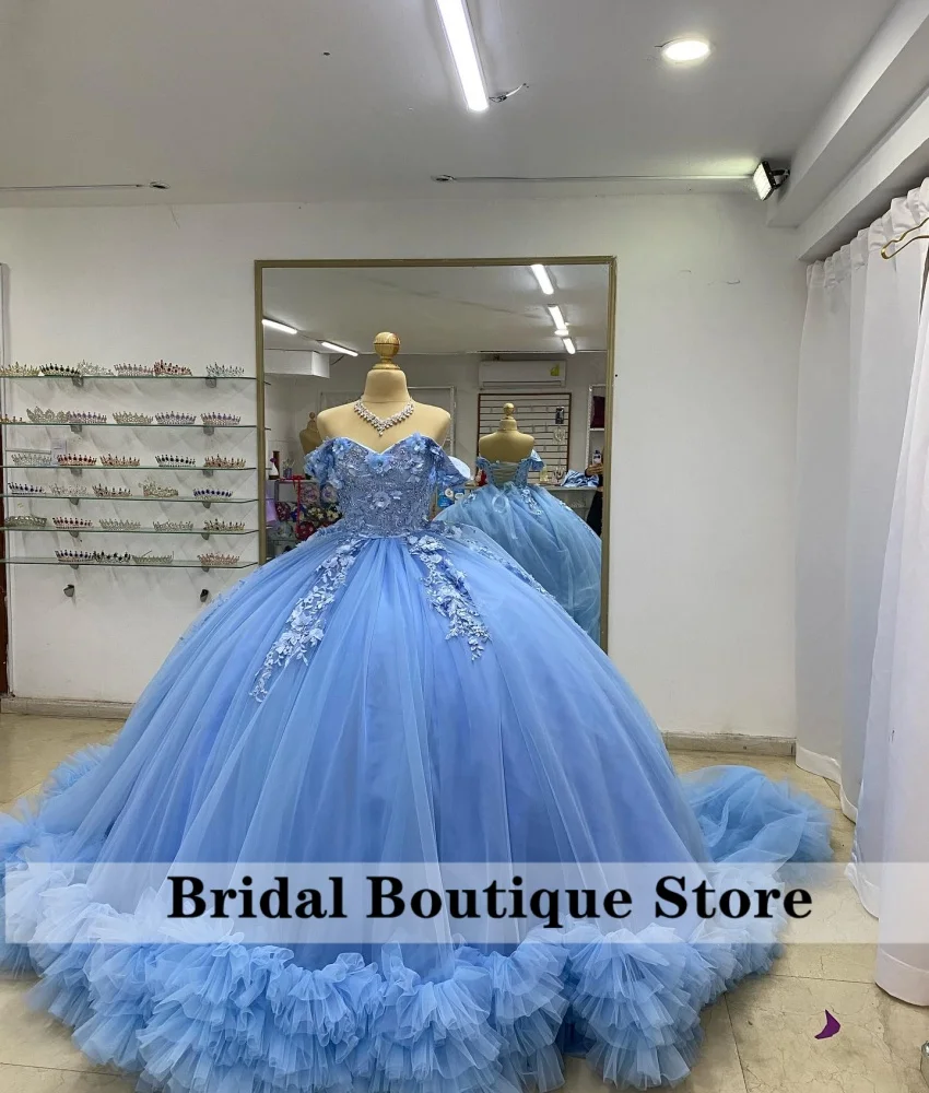 Sumptuous Blue Quinceanera Dress Sweet 16 Ball Gown Off The Shoulder Beading Crystals Appliques Ruffles Vestidos De XV Anos