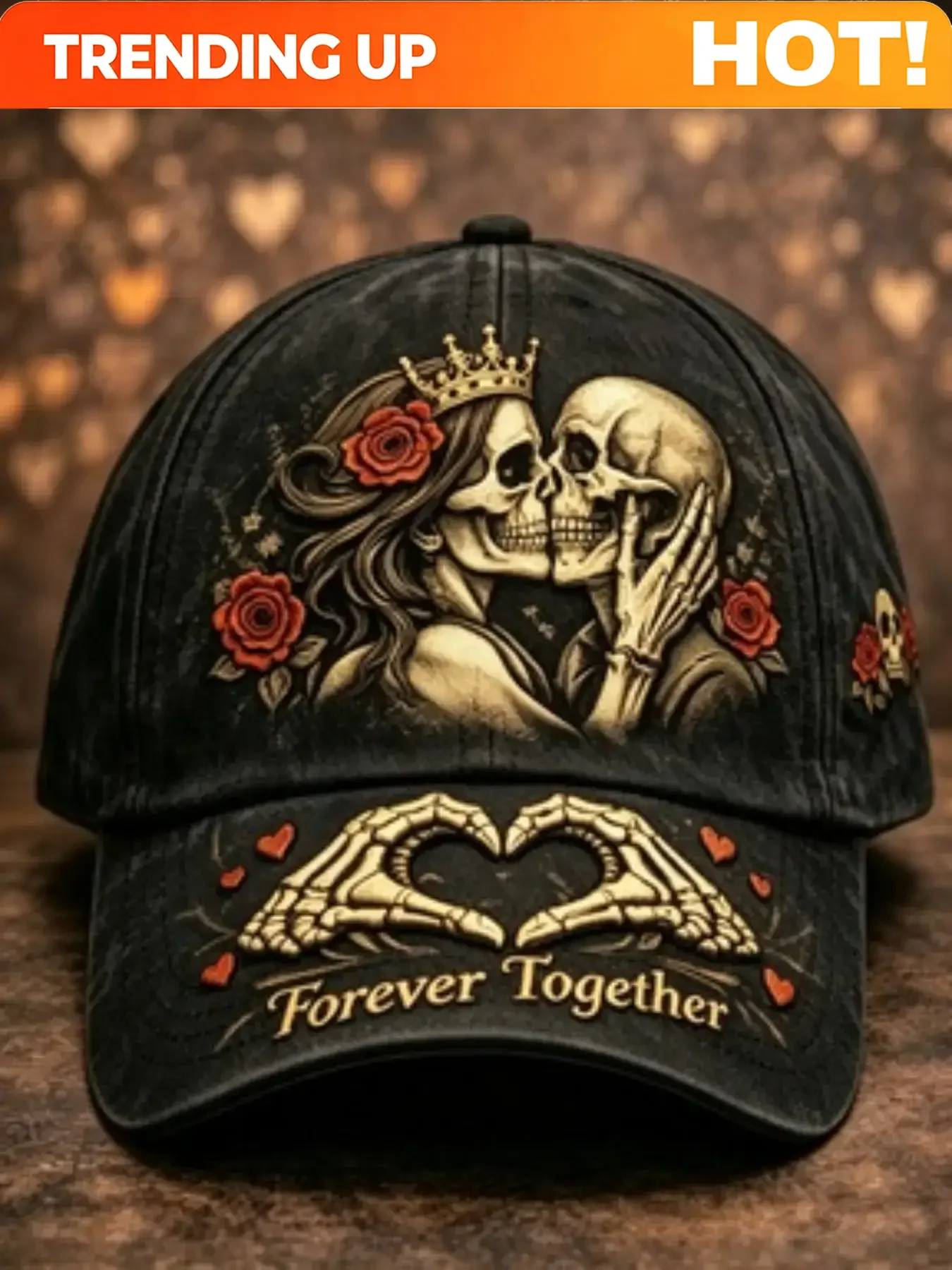 Customization 2026 New Creative Forever Together Skull Lovers Baseball Cap, Gothic Rose Crown Dad Hat, Casual Fitted All Over