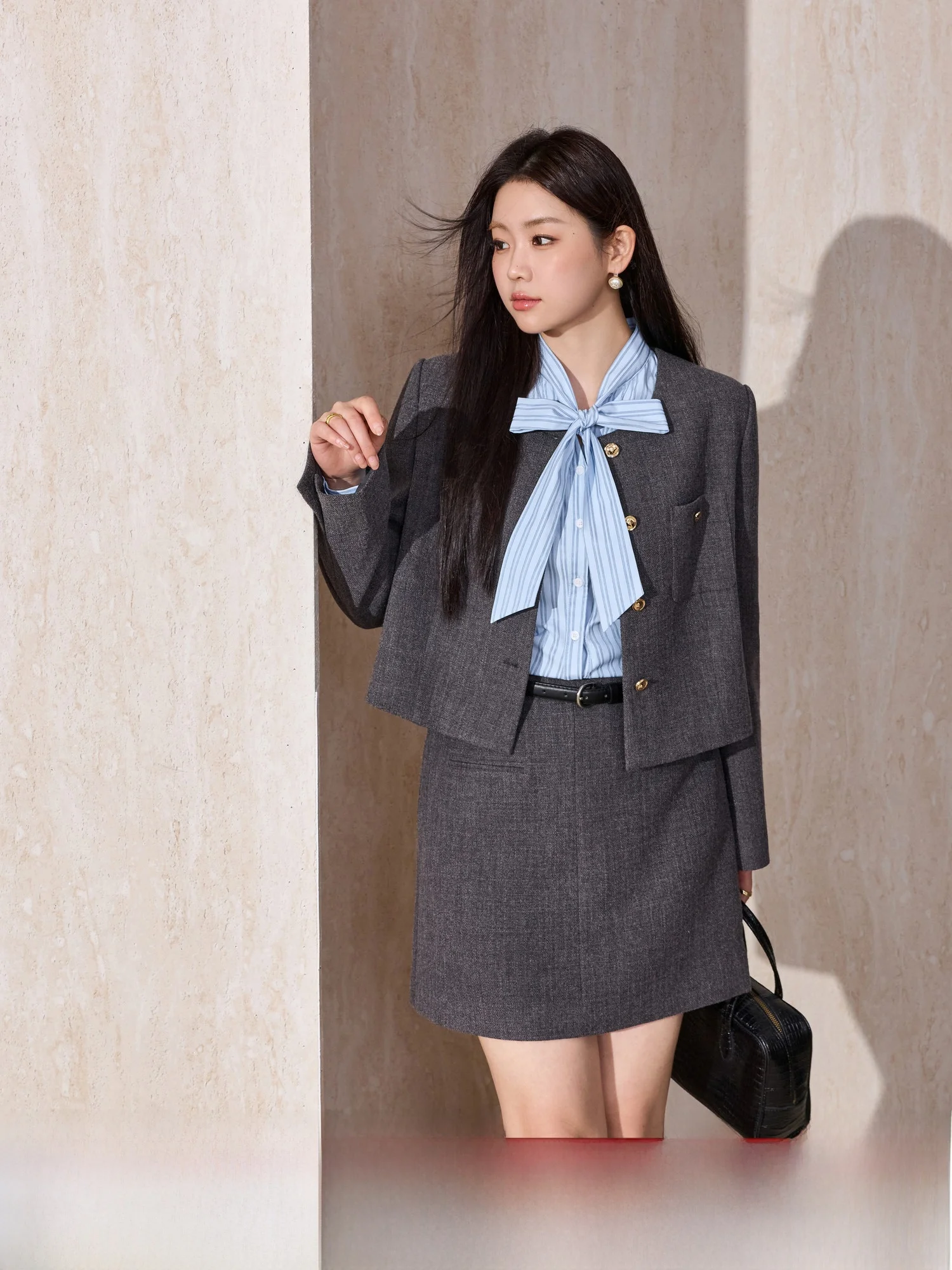 

Blue Language Large Size Women's Spring New Arrival Commute No Collar oulder Level Suit Jaet And A-Line Skirt Set