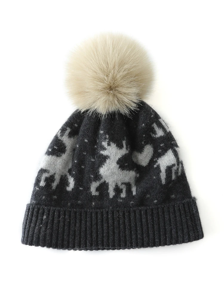 

Luxury New Women 100% Cashmere Hats Autumn Winter Deer Jacquard Hair Ball Hat Vintage Style Cashmere Hats Thick Soft Warm Cap