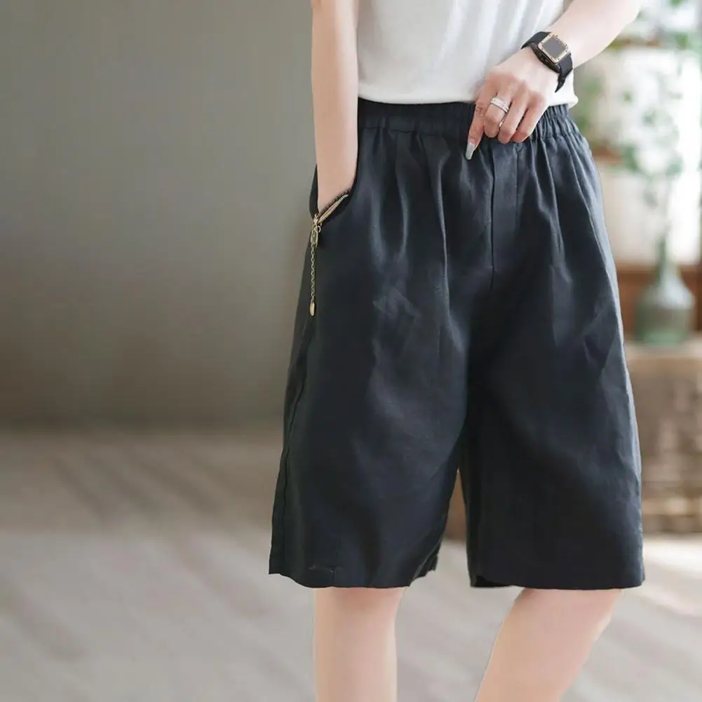 

Women Shorts Stylish Women's Knee-length Shorts Elastic High Waist Loose Fit Pockets for Casual Beach or Everyday Wear Women