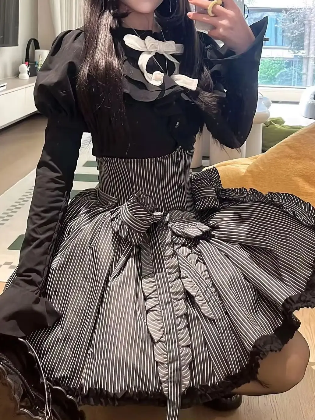

Dark Gothic Lolita Vintage Striped Shirt Mini Skirt High-waisted Y2K Harajuku Punk Cosplay Women Outfit