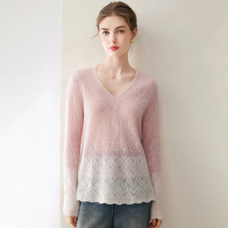 Women's Class a 100% Pure Cashmere Sweater V-Neck Pullover Tops Color Blocking Fashion Loose Fit Autumn Winter Sweater Luxurious