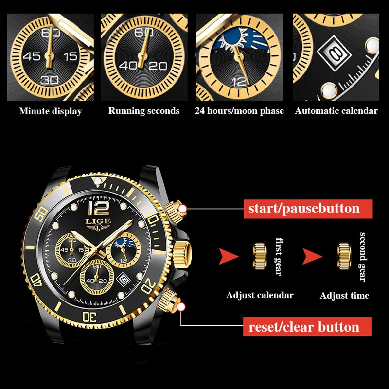 LIGE DESIGN Business Luxury Mens Watches Gold Chronograph Quartz Wrsitwatches Luminous Waterproof Auto Date Clock Watch for Men