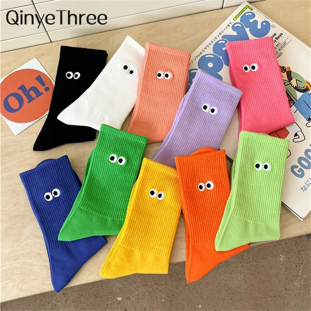 

3pcs New Women's Embroidered Big Eyes Mid-Tube Socks Ins Trendy Colorful Cartoon Cute Soft Cotton Sports Sokken Dropship