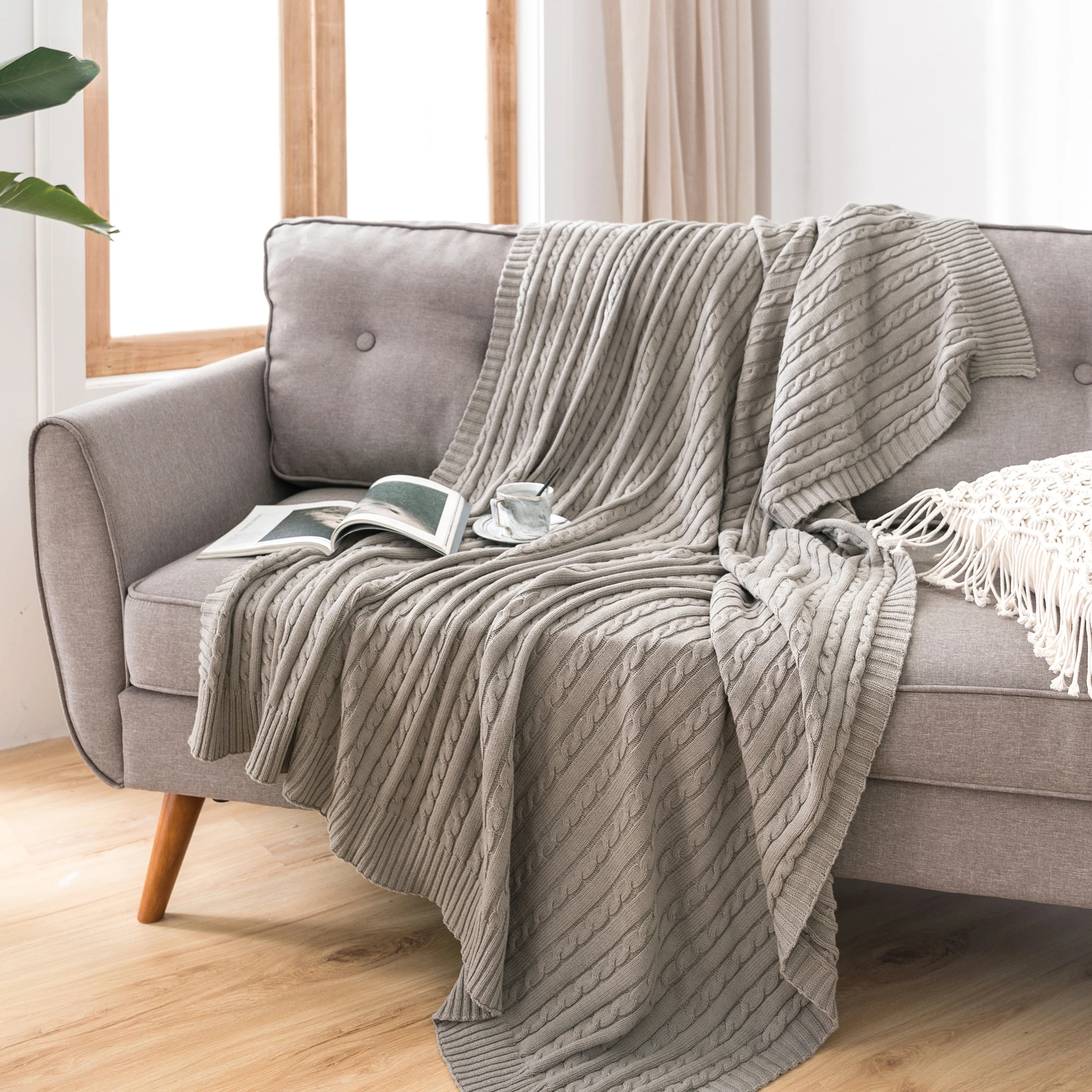 Battilo Cotton Knitted Throw Blanket Soft Cozy Cable Knit Sofa Throws Large Heavyweight Decorative Blanket for Twin Queen Bed