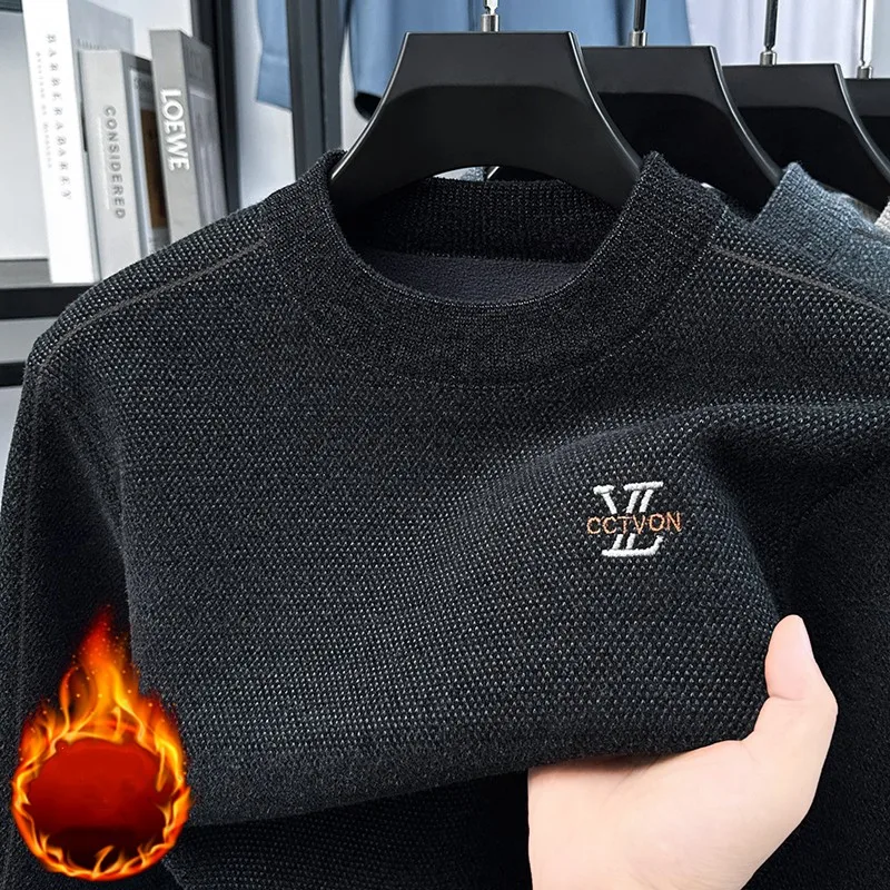 سترة مطرزة بأحرف فاخرة من العلامة التجارية المصممة عالية الجودة من القطيفة للخريف والشتاء الدافئ المريح للرجال بلوفر محبوك برقبة دائرية #2