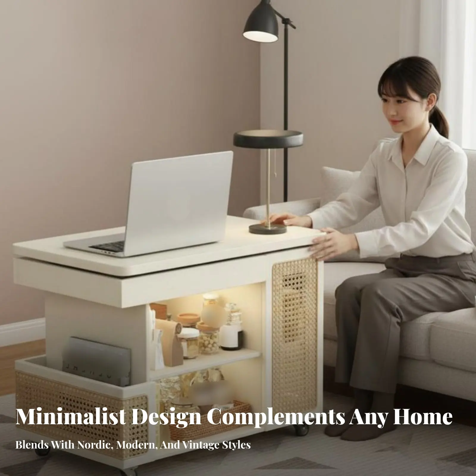 Adjustable Curved Design D End Table With Wheels Serving Trolley Mobile Design Versatile for Distant Workers, Homeowners view 3