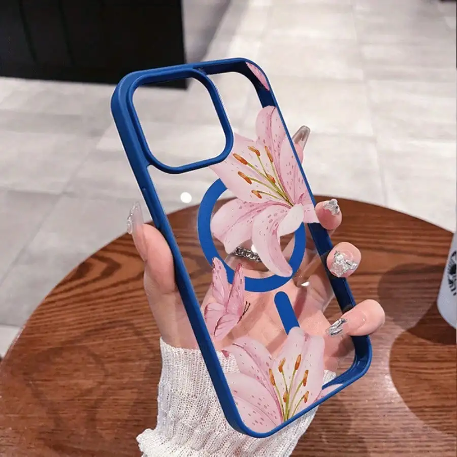 Pink Lily Magnetic Phone Case for iPhone 17 16 15 14 13 12 11Pro Max Plus. It features a stylish pattern design