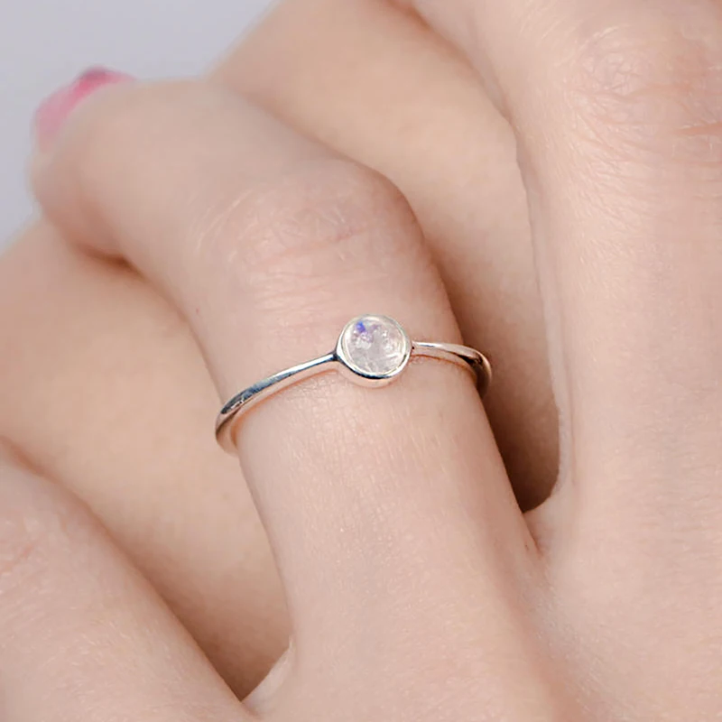 

GRA Zircon White Round Moonstone Ring for Women Gift Real 925 Sterling Silver Simplicity Stackable Personalization Fine Jewelry