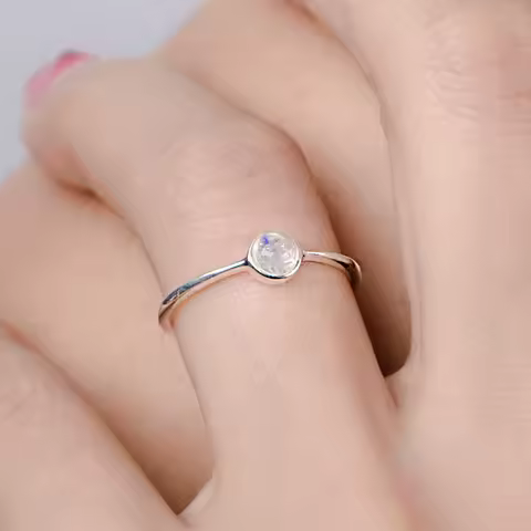 GRA Zircon White Round Moonstone Ring for Women Gift Real 925 Sterling Silver Simplicity Stackable Personalization Fine Jewelry