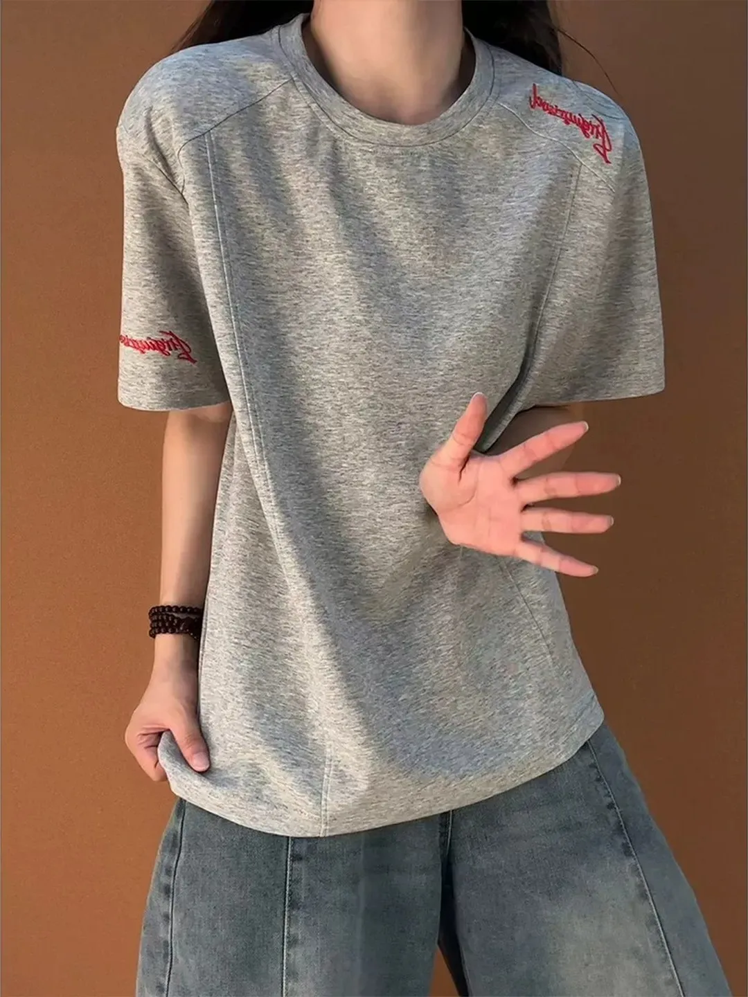 American Deconstructed Patchwork Embroidered T-Shirt Men Summer Youth Style Trendy Brand Short Sleeve Heavyweight Boxy Sport ...