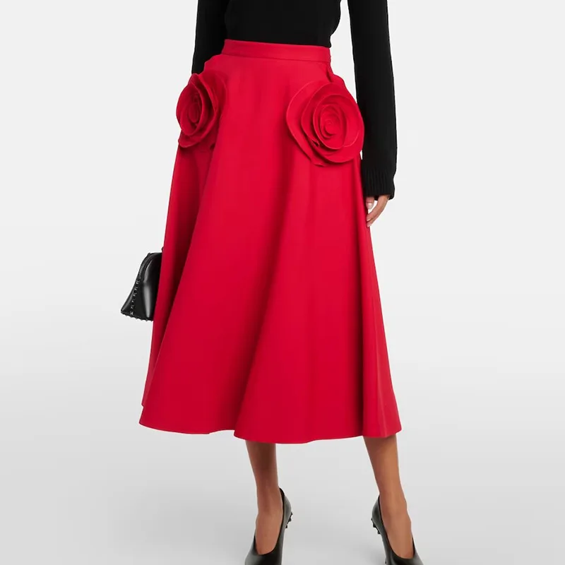 

Tinaa Красная 3D юбка с цветочным принтом для женщин 2025 Рождественские винтажные трапециевидные юбки с высокой талией и застежкой-молнией в складках Элегантные вечерние длинные юбки 160958