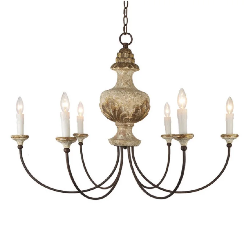 American country retro candle chandelier living room lamp woodwork carving villa dining room